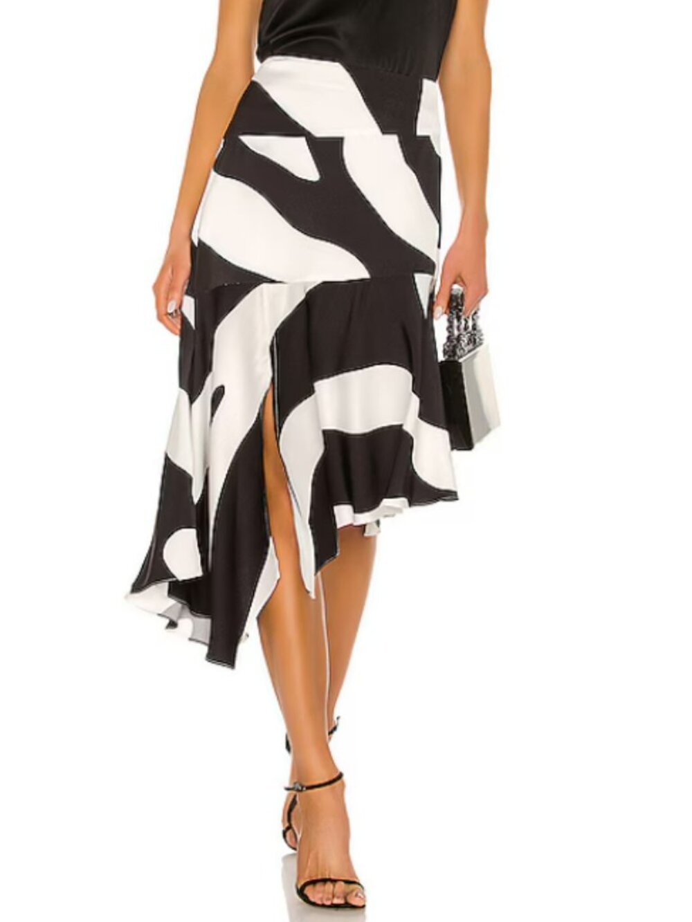 Milly Zebra Print Viscose Asymmetrical Ruffle Cascade Midi Skirt Black/White NWT